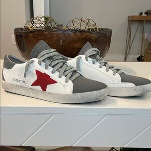 Golden Goose White and Gray Sneakers with Red Accent